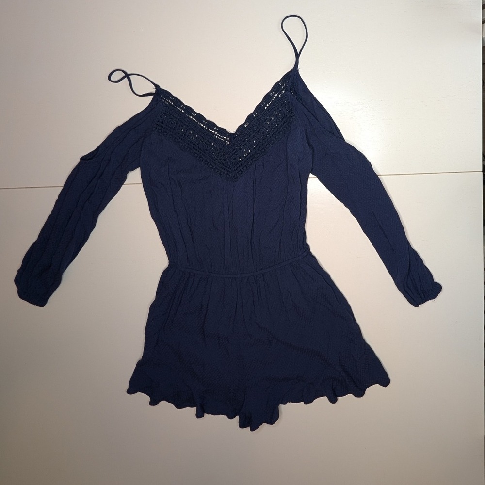 Ecote Navy Blue Long Sleeve‎ Romper Lace Trim Spaghetti Strap Small
